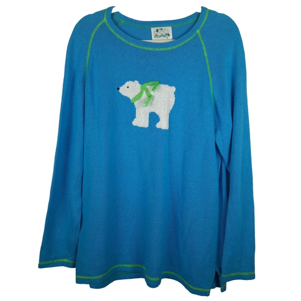 Quacker Factory Polar Bear Scarf Sweater Blue Green - Picture 1 of 6
